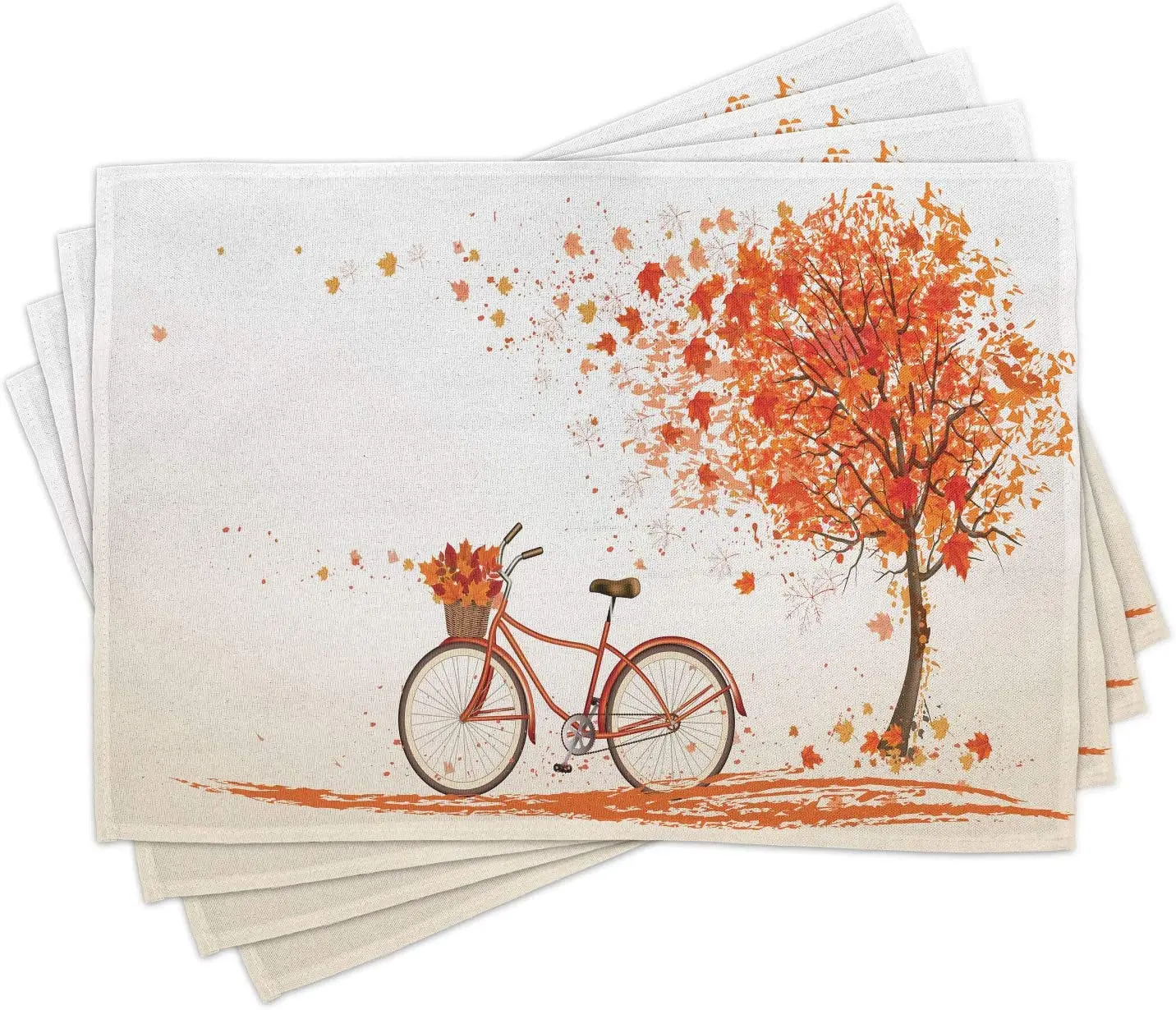 

Ambesonne Bicycle Place Mats Set of 4, Autumn Tree November Fall Season Park Nature Art Theme, Washable Fabric Placemats