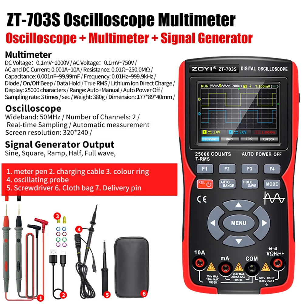 ZOYI ZT703S 3in1 Digital Oscilloscope Multimeter Signal Generator Dual Channel 50MHz Bandwidth 280MS Sampling Rate Multi Tester