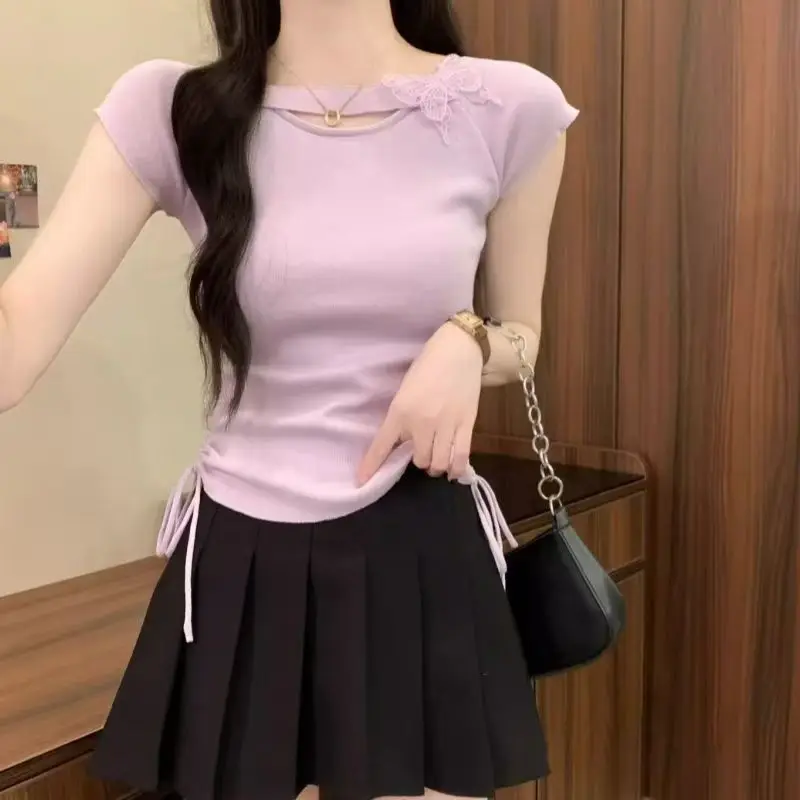 

A New Short-sleeved T-shirt with Pleated Design Women's Summer Featuring A Slimming Three-dimensional Bow Round-neck Knitted Top