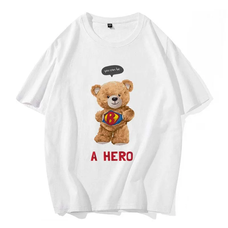 Summer T-shirt Men\'s Fashion Printing Casual Fun Bear Cartoon Pattern Street Top Fashion Versatile Cotton Round Neck T-shirt.