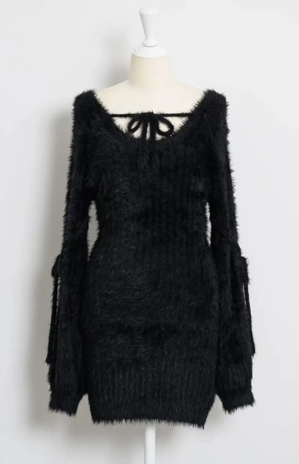 فستان قصير محبوك على الطراز الياباني أنيق برقبة دائرية وأربطة وأكمام طويلة وخصر عالٍ للنساء للخريف #6