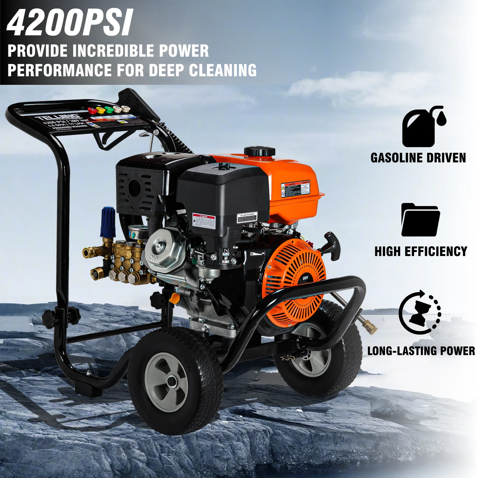 Мощная мойка высокого давления AR Pump 4200PSI с двигателем TJ190F, 15-метровым шлангом, на колесах, беспроводная, для очистки складских погрузочных доков