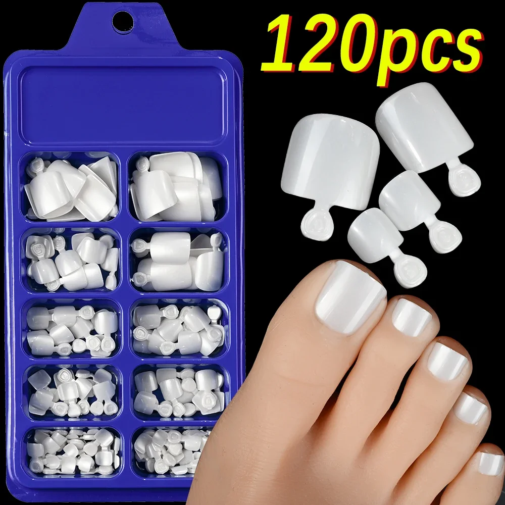 

120Pcs Pearl White False Toe Nails Tips Short Square Press On Toenails Full Cover for Summer Artificial Fake Toenail Extension *