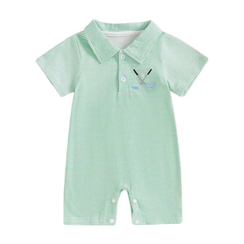 Baby Boy Golf Outfit Short Sleeve Golf Club Embroidery Romper Lapel Button Striped Bodysuit Jumpsuit Clothes