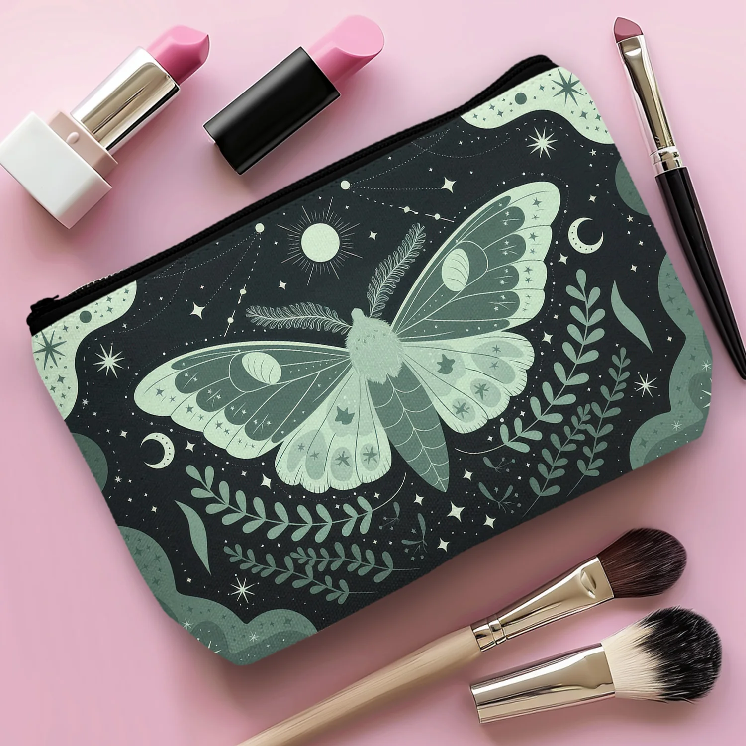 1Pc Green Luna Moth Witch Makeup Bag Gothic Butterfly Moth Cosmetic Bag For Women Moon Small Purse Organizer Garden