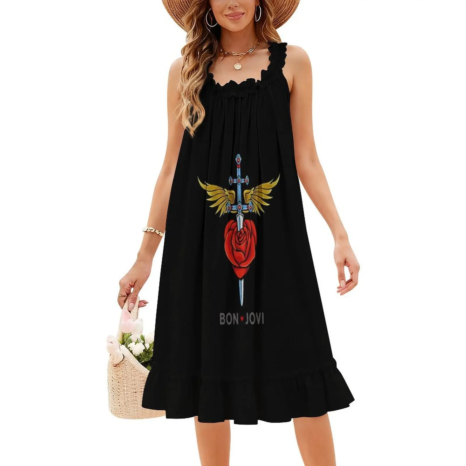 فستان حفلات نسائي ملابس الشارع الشهير ملابس نادي مطبوعة عصرية للإناث موسيقى Jovi Band 80S Bon Jon Guitar فساتين نسائية #4