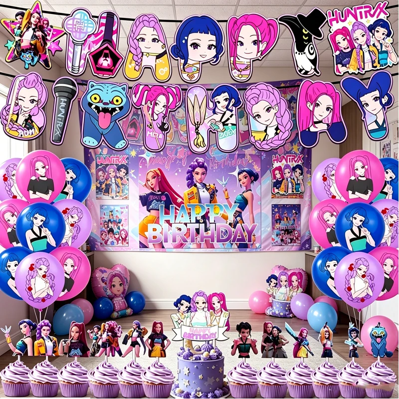 

Anime K-Pop Girl Pink Birthday Party Supplies Bunting Balloon Banner Kawaii Cupcake Topper Photo Props for Cute Baby Celebration