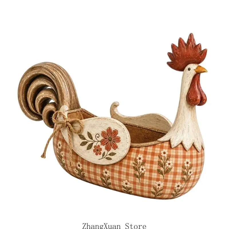 Country Chicken Besteckbehälter aus Holz mit deckellosem Zugang und Gingham-Blumendetail für die Tischorganisation 3XUF – Detail 4