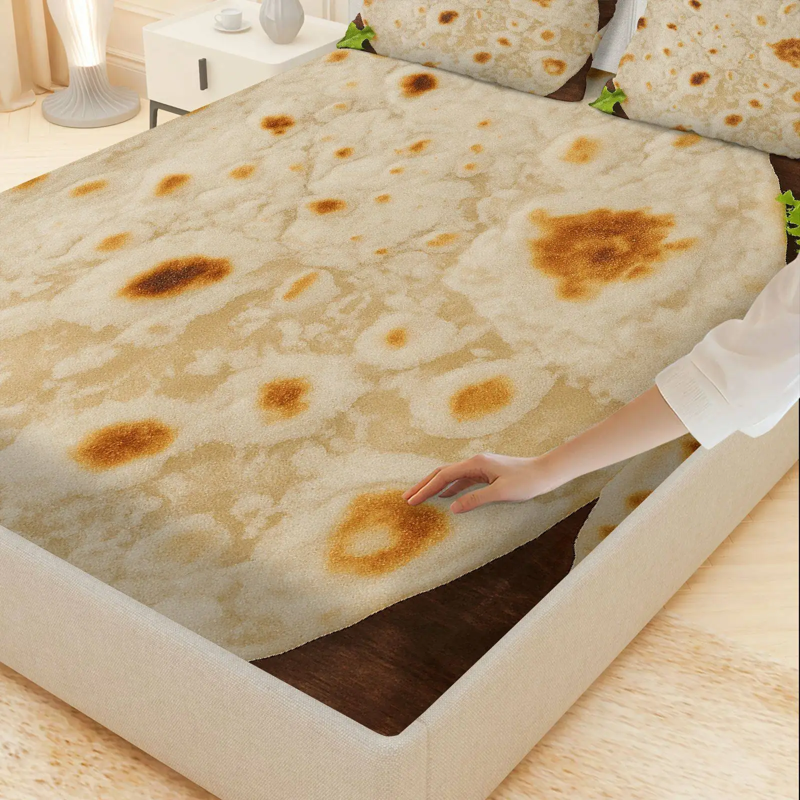 Customize 3pcs Bread Lettuce Wrap Fitted Sheet Three Piece Set (1*Fitted Sheet+2*Pillowcases, Coreless), Unique theme, Bedroom a