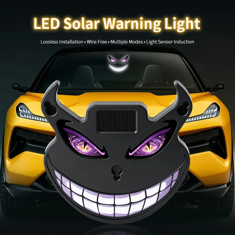 Car demon smiling face solar warning light, interior rear windshield illuminated decorative light, atmosphere light