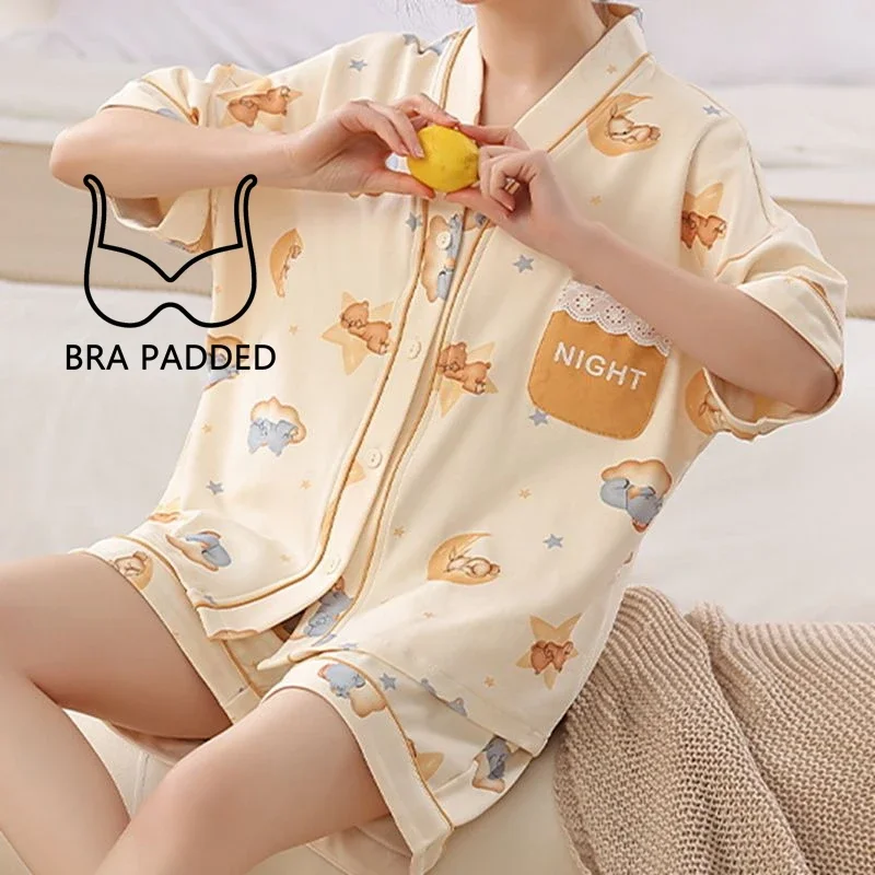 Summer Kimono Style Cardigan Women Pajamas Set Cartoon Sleepwear Korean V-neck Pijamas Chest Padded Nightwear M-5XL Shorts Pjs