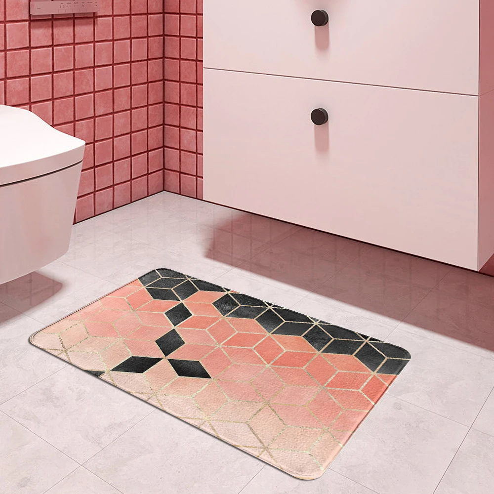 Black pink geometric pattern Carpet Entrance Doormat Bath Floor Rugs Absorbent Mat Anti-slip Kitchen Rug for Home Decorative