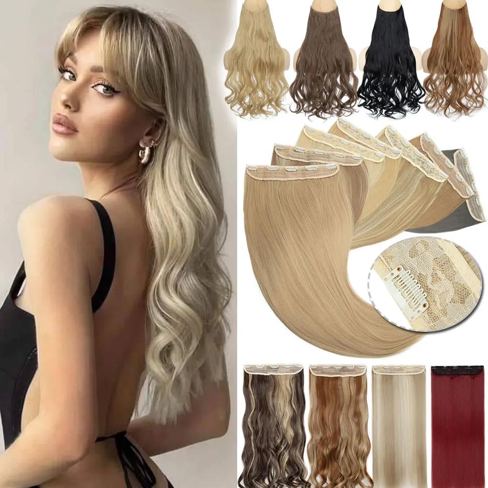 

S-noilite 17-27" Synthetic Curly Wavy Clip in One Piece Hair Extensions Blonde Brown One Piece Hairpiece Fake Hair for Women