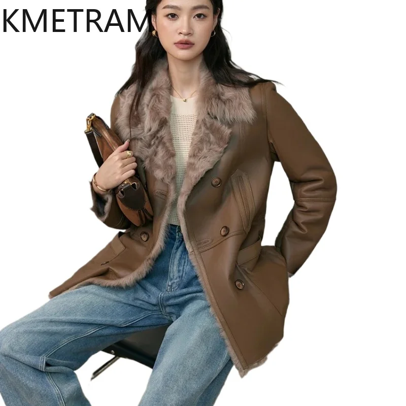 Kurtka damska z prawdziwej skóry owczej, dwustronna, luksusowa, brązowa, z naturalnego futra, płaszcz zimowy, odzież damska 2025