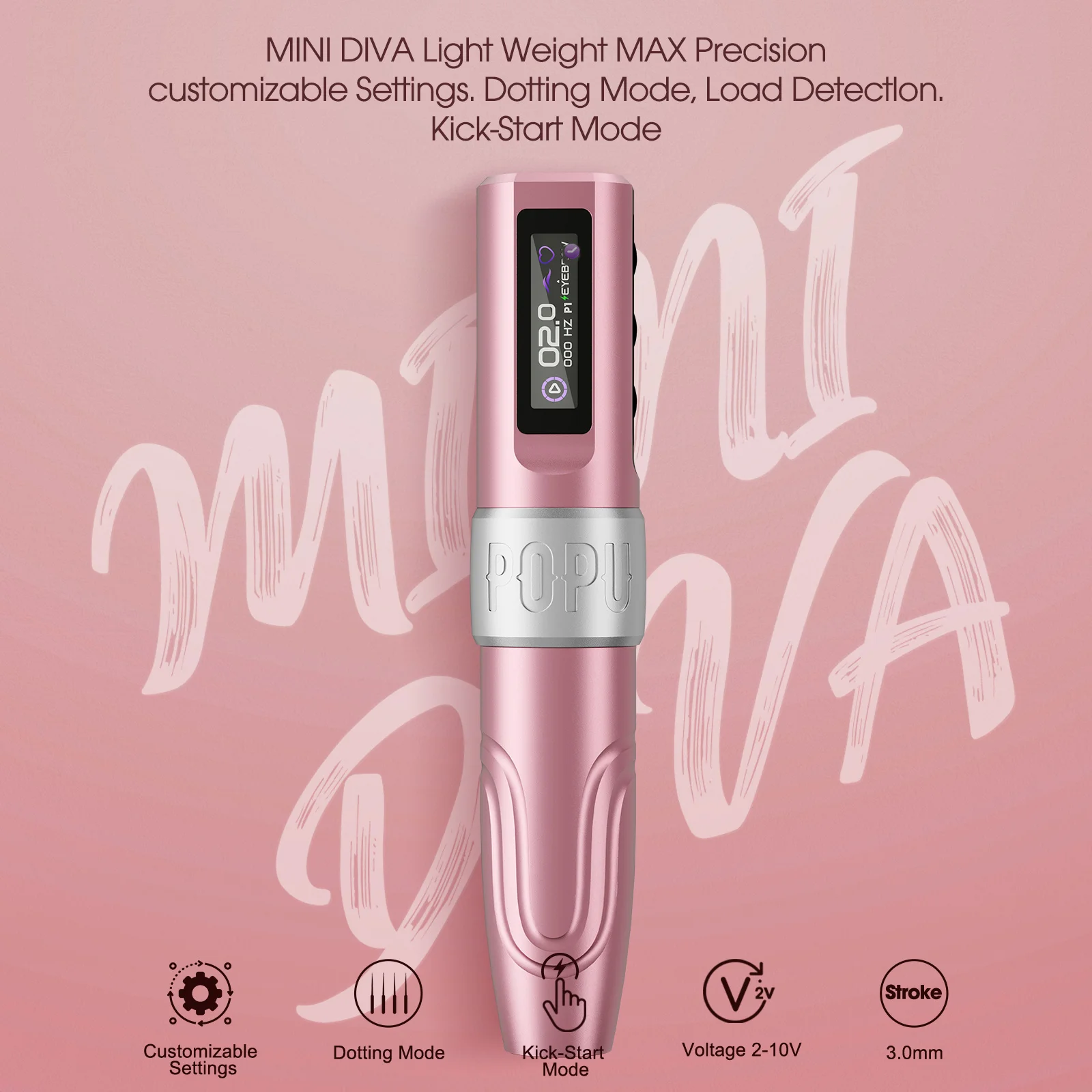 POPU MINI DIVA Permanent Makeup Wireless Battery Tattoo Pen Machine for PMU & SMP OLED Digital Display Power Pack