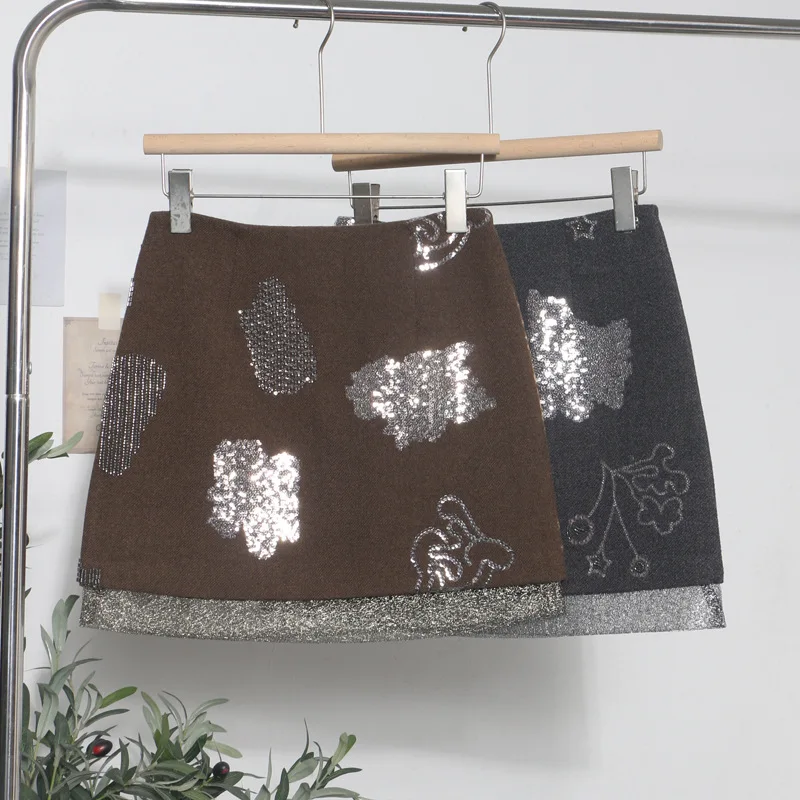 winter sequined skirt women's woolen splicing mesh slim and thin short skirt