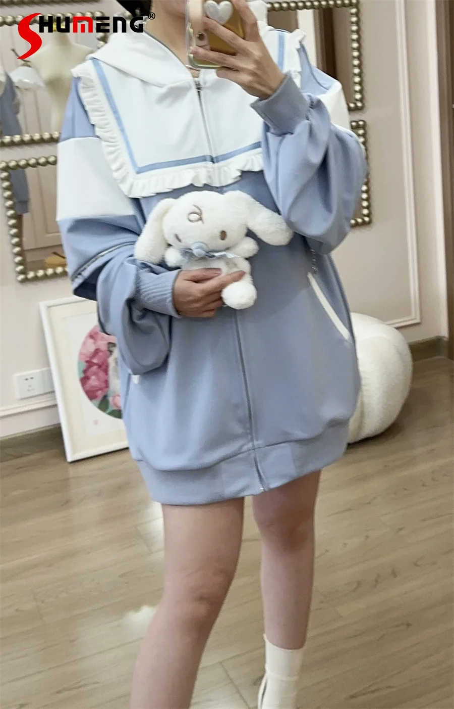 Cute Water Color Hooded Sweatshirt Coat Two-Way 2024 Spring New Japanese Style Sweet Long Sleeve All-Matching Hoodies Female