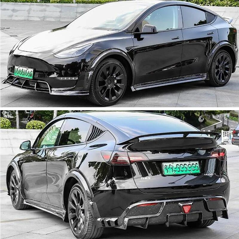 

For Tesla Model Y 2020-2023 ABS Forging Carbon Bright Black Front Lip Rear Diffuser Body Side Skirt Kit Wheel Eyebrow Spoiler