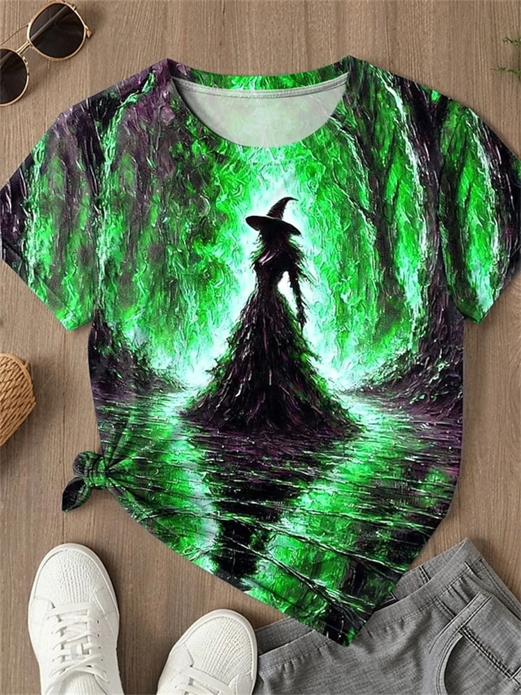 

Женская футболка с изысканным дизайном ведьмы на тему Хэллоуина, большие размеры, свободный крой с круглым вырезом и короткими рукавами, идеально подходящая для праздничных вечеринок