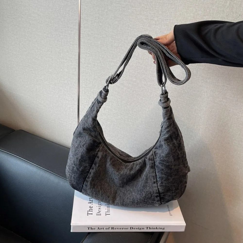 

Trendy Vintage Denim Shoulder Bag Large Capacity Versatile Hobo Sling Bag Cross Body Zipper Satchel Bags Unisex