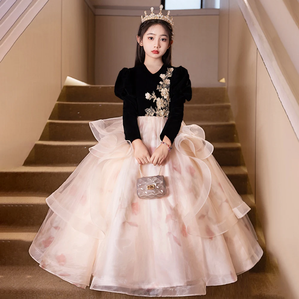 Children's Dress Princess Dress Light Luxury 1-7T Girls' Evening Dress Host Piano Performance Autumn Winter Velvet Vestido