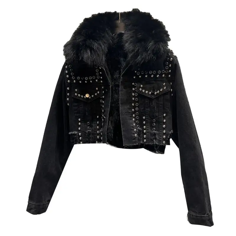 Real Fur Denim Jacket Women 2023 Autumn Fried Street Style Natural Fox Fur Collar + Rabbit Fur Liner Warm Rivet Short Jean Coat