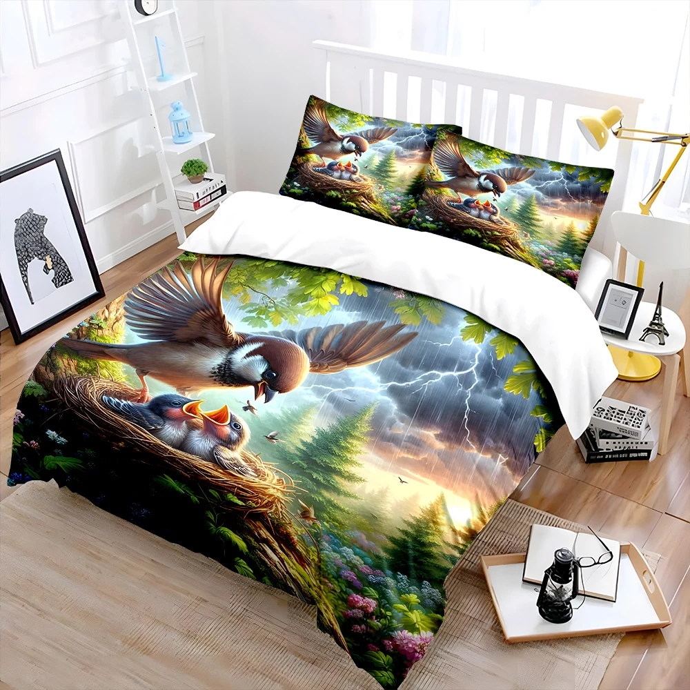 Bird feeding chicks tenderly Print Soft Comfortable Duvet Cover Bedding Set Included 1*Duvet Cover  2*Pillowcases Luxury gifts