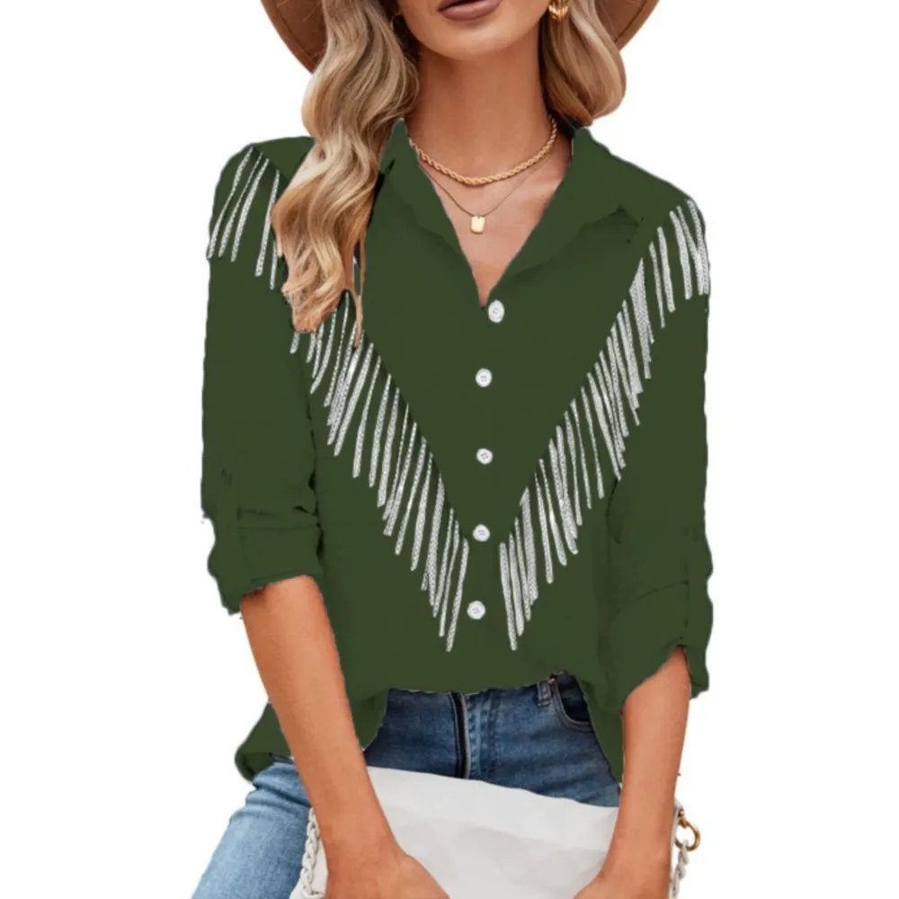 Fashion Sparkling Rhinestone Fringe Button Women's Shirt Spring Summer New Casual Loose Simple Female Office Long Sleeve Shirt