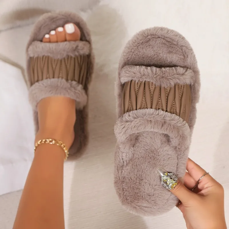 Women's Slippers Winter New Low Heel Round Head Open Toe Plush Sandals Comfortable Warm Home Non-slip Cotton Drag