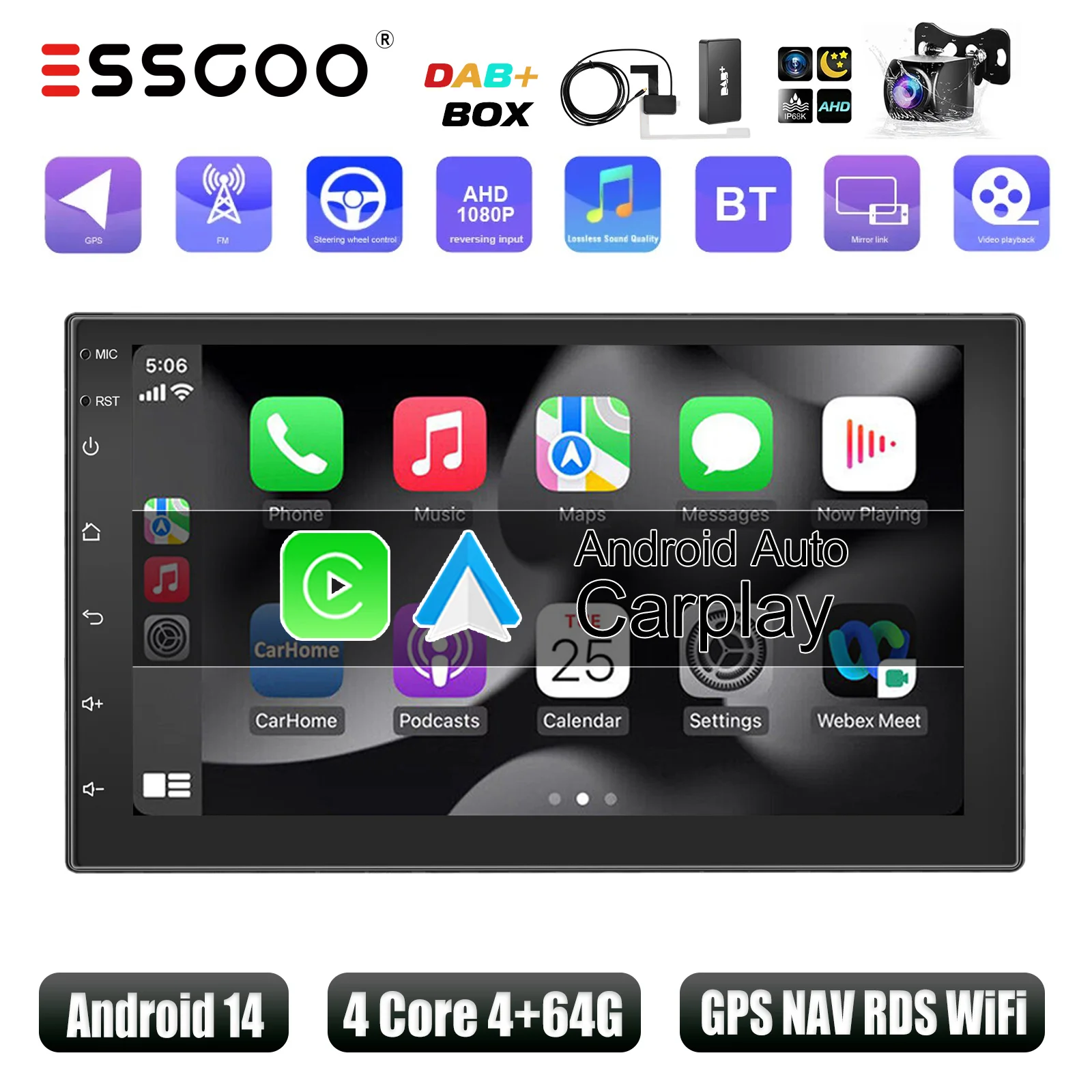 ESSGOO Autoradio Wireless CarPlay Android Auto Dubbel 2 DIN Android 13, 7-inch scherm, HD FM-radio, GPS RDS, WiFi, Bluetooth, touchscreen, hoofdunit 4+64G, DAB+AHD, camera.