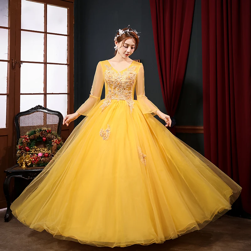 

Yellow Quinceanera Dresses Classic V-neck Ball Gown Dress With Illusion Sleeve Sweet Lace Applique Elegant Vestido De Debutante