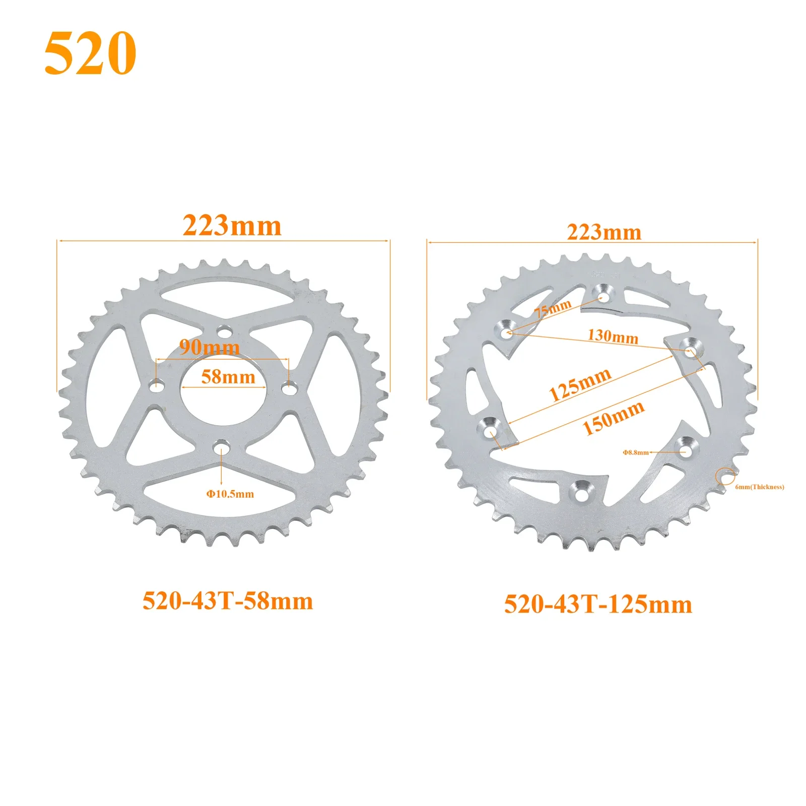 

Motorcycle 520 Chains 43T 58mm 125mm Sprockets Rear Back Sprocket Cog fit for Karting ATV Off-road Motorcross Parts