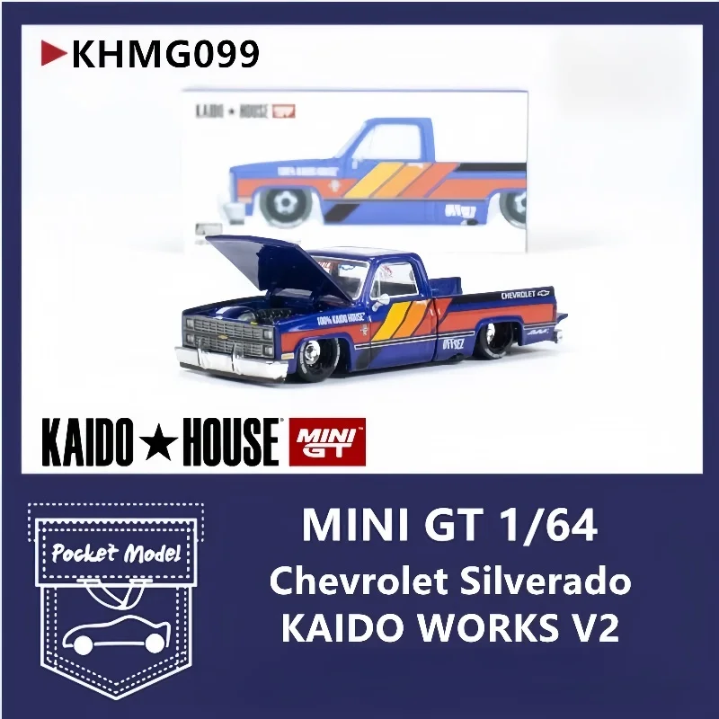 Kaido House 1:64 Chevrolet Silverado captador 099 modelo em miniatura fundido em liga metálica, peças de coleção para adultos, presentes para meninos