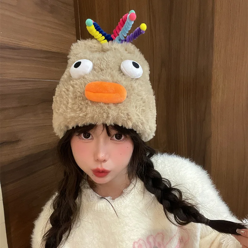 Plush Hat Woman 2024 New Cute Funny Sausage Mouth With Big Head CircumFerence Warm Wool Ear Protection Knitted Hat