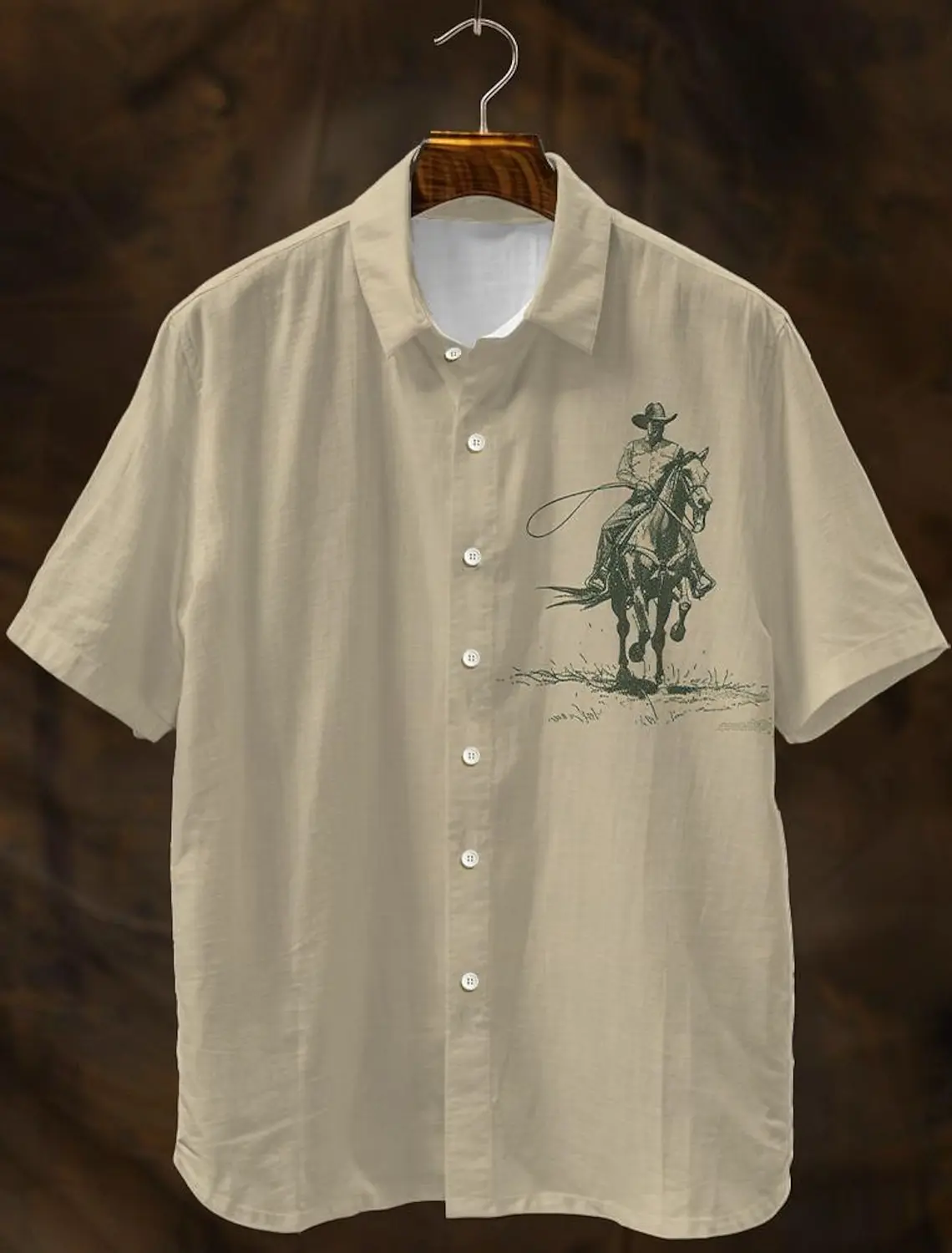 Horse kaus pria kasual Vintage, baju poliester Khaki luar ruangan lengan pendek ungu, hijau, musim panas, kasual