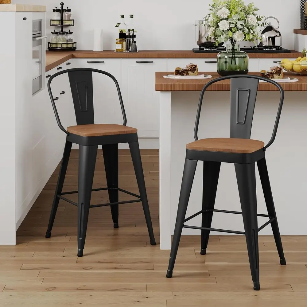 Bar Stools Set of 2, High Back Metal Barstools with Large Wood Seat, Counter Height Bar Chairs for Kitchen Island