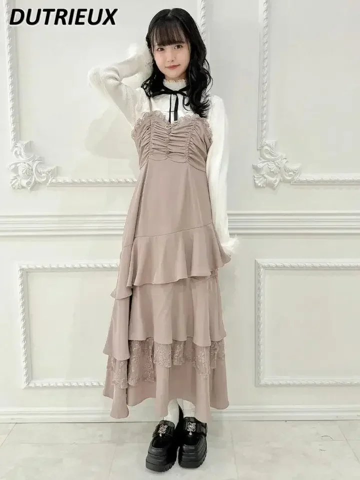 Japonês nova fada bolo sem costas vestido longo doce e bonito menina cintura cor sólida elegante plissado borda em camadas suspender vestidos