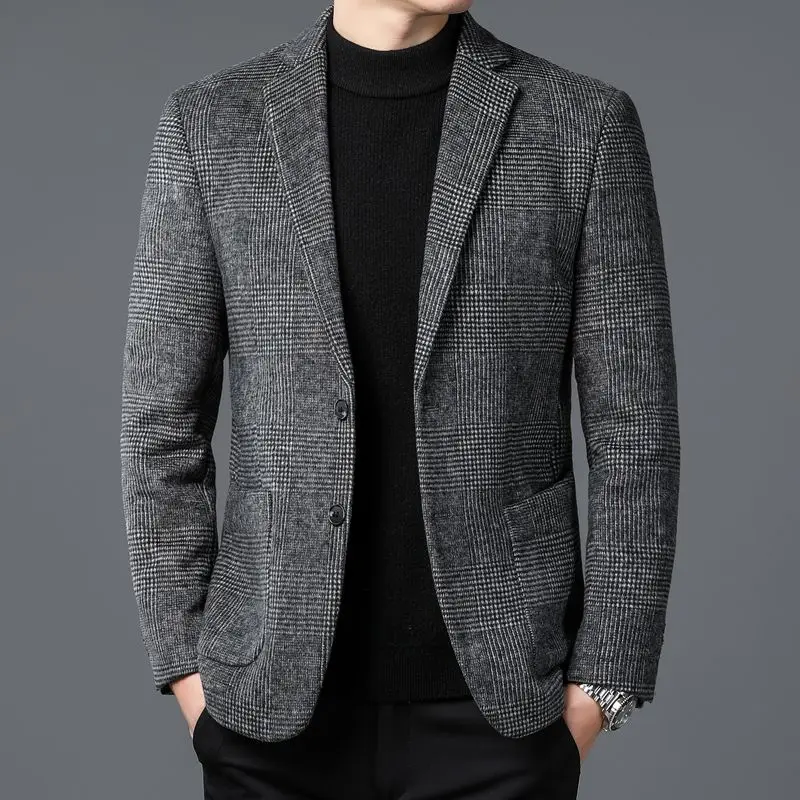 2023 Autumn Winter Men Classic Plaid Sheep Wool Blazers Male Grey Coffee Checked Pattern Cashmere Blended Suit Jackets Outfits