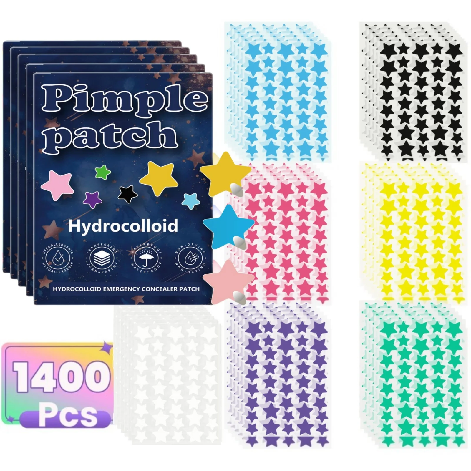 1400 pieces of multi-color star acne patches, facial acne patches, concealer acne patches, and pimples patches, ultra-thin