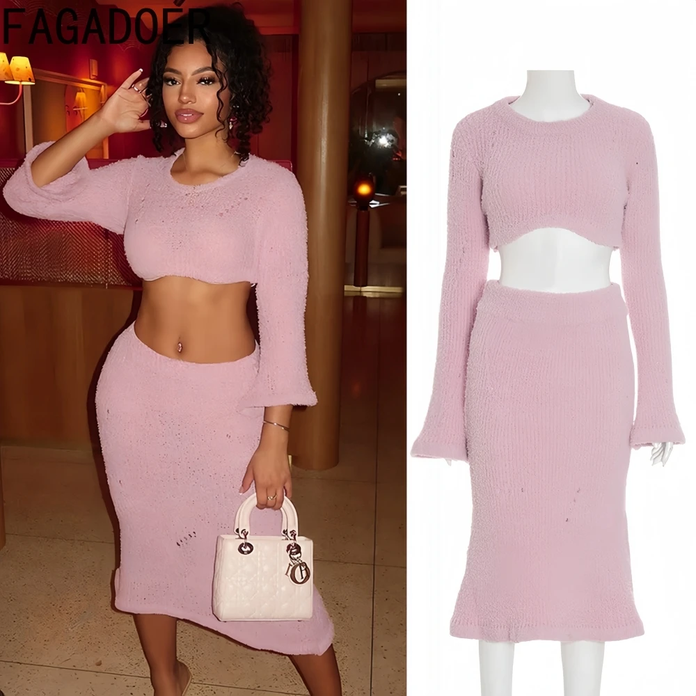 

FAGADOER модный вязаный комплект из 2 предметов для женской одежды, однотонный укороченный топ с длинными рукавами и юбка, женские уличные костюмы, новинка