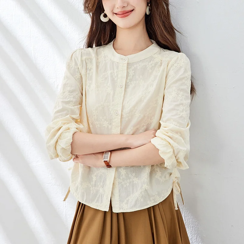 Ele puro algodão longo sve redondo ne bordado irt feminino faion outono wear nova sle ladylike blusa de algodão