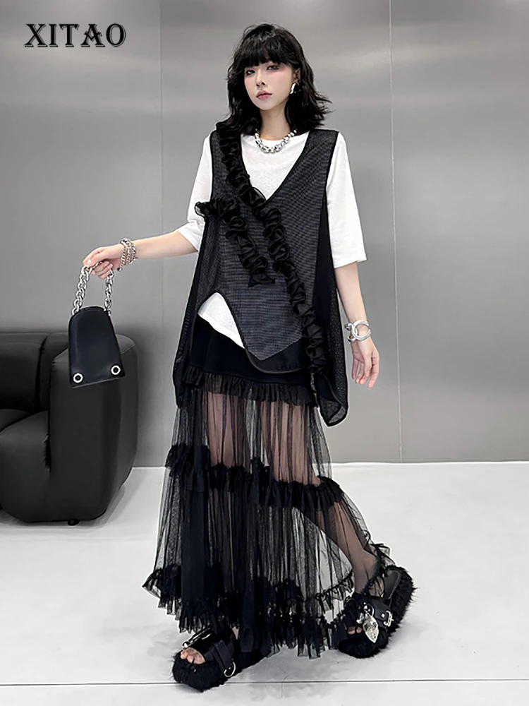 

XITAO трехмерный декоративный лоскутный жилет, однотонный асимметричный свободный пуловер с v-образным вырезом, темпераментный топ ZMY1179