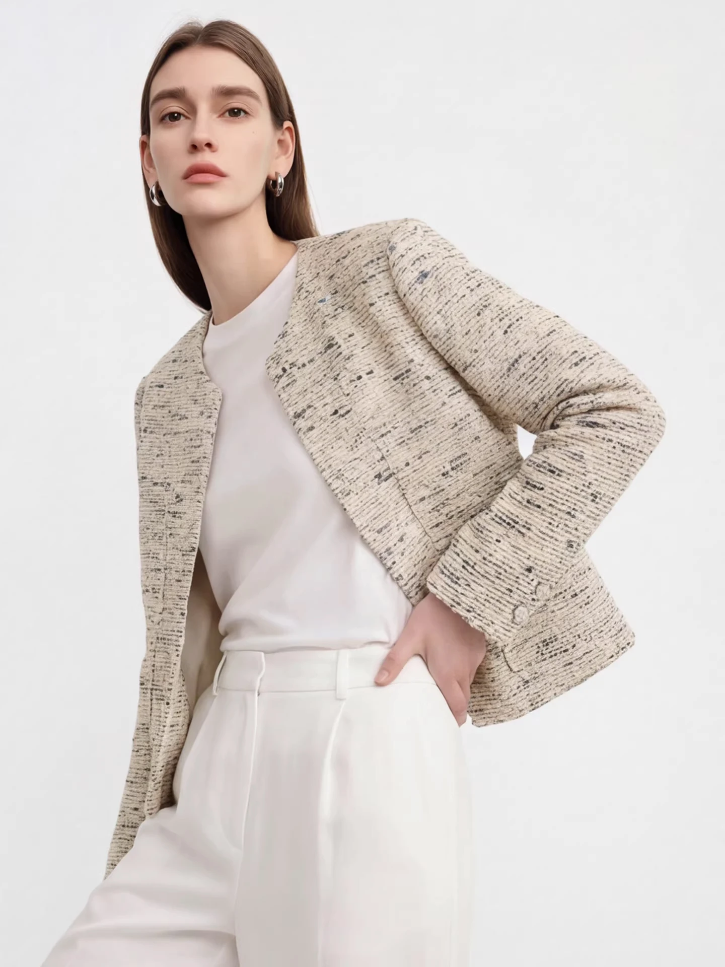 

SueM Luxury Floral Tfeta Waist-Cinching No Collar Small Fraance Sle Spring ort Gold-Plated Crystal Button Commute Jac...