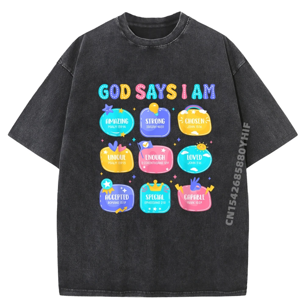

God Says I Am Cute Christian Religious Plus Size Men Clothing Anime T Shirts Retro Washed Tshirt Large Size Birthday