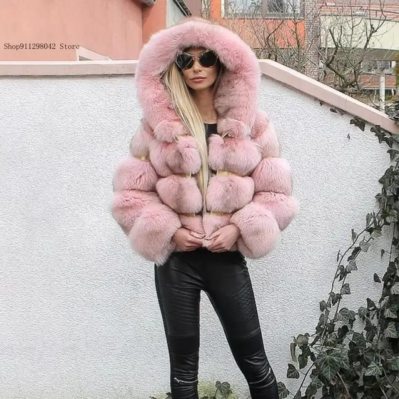 Autumn and Winter Spring Pure Color Luxury Women Faux Fox Fur Coat Hooded Warm Thicken Fur Short Jackets