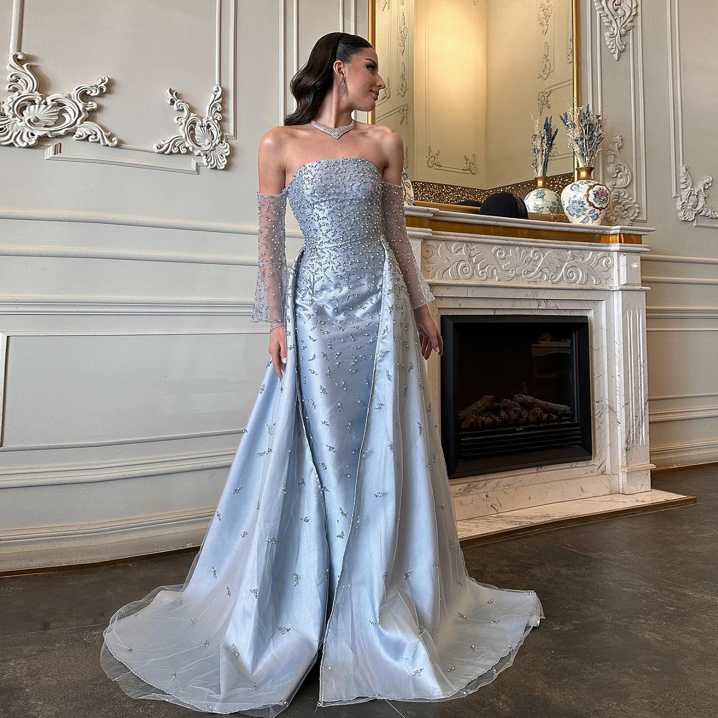 Sharon Said Luxury Silver Gray Dubai Evening Dress with Overskirt for Wedding Party Elegant Prom Formal Gowns SS484 Customized