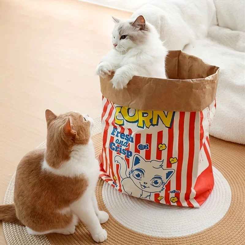 1PC Cat Bed Cartoon Popcorn Bag Durable Cardboard Hide and Seek Toy for Cat and Dog Interactive Play Stress Relief Pet Accessory