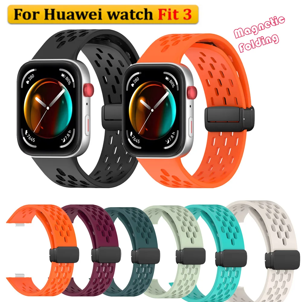 Bracelet magnétique pliable pour montre Huawei, bracelet perforé, respirant, gel de pton, accessoires de bracelet de montre, Fit3