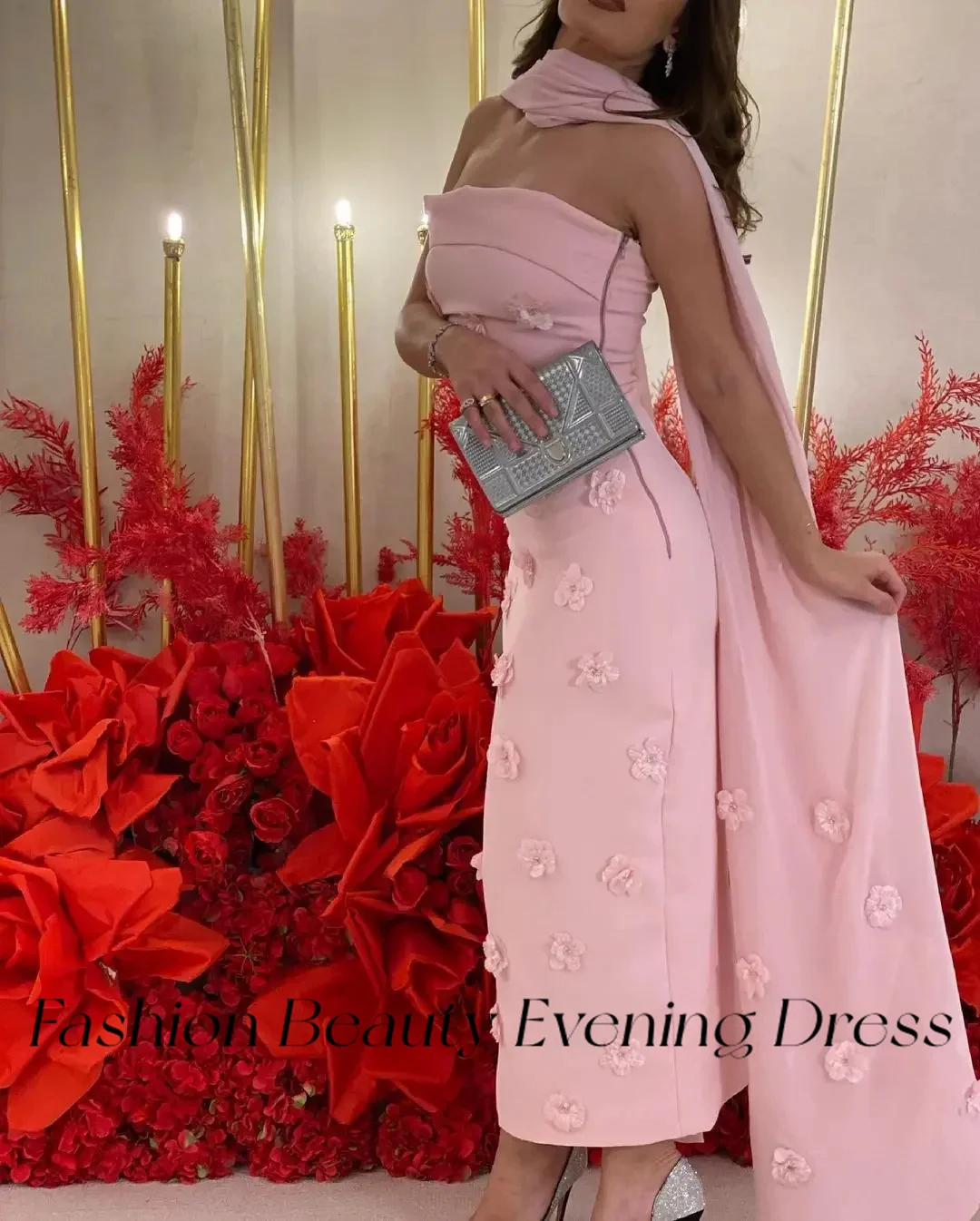 Fashion Beauty Pink Evening Dresses Strapless 3D Flowers Printed Dress Elegant Formal Occasion Gown For Women 2024 فساتين السهرة