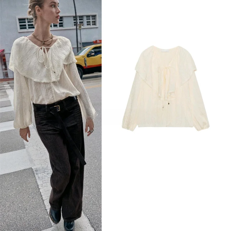 

Elegant Style Women's Shirt Spring New Arrival Long Sleeve V-Neck Lace Trim Layered Decoration Top Skin-Friendly Breathable